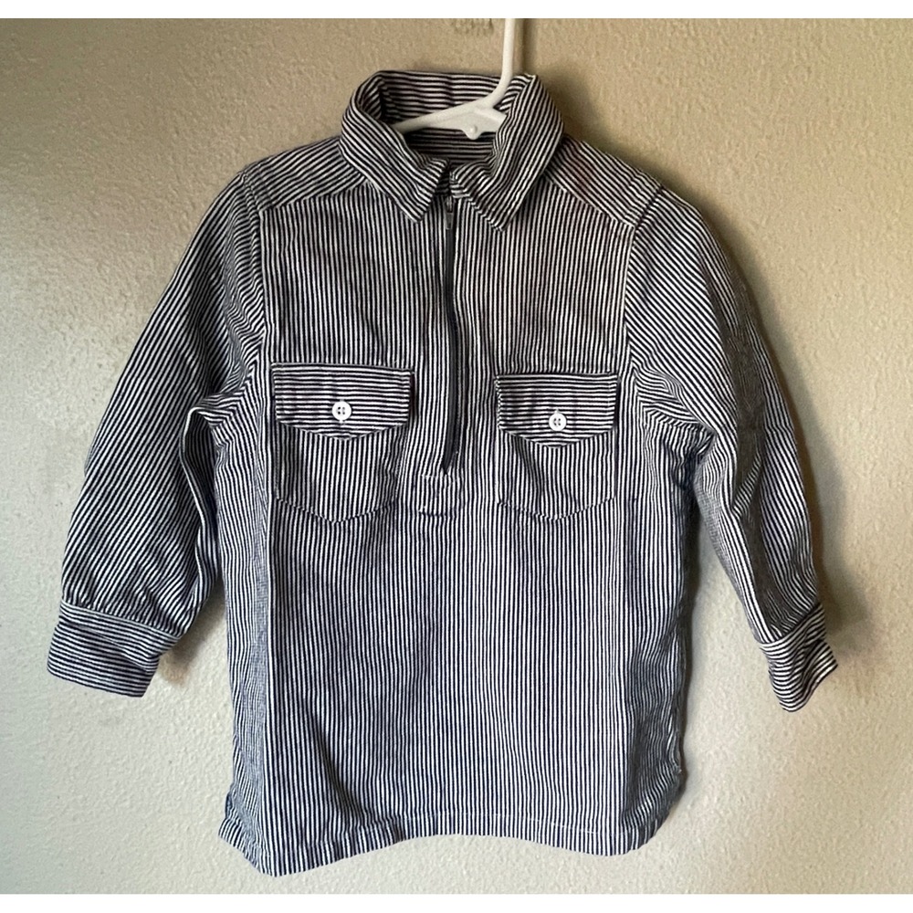 Lil' Hickory 3T Toddler Shirt Blue White Striped Pockets 1/4‎ Zip Cotton Top